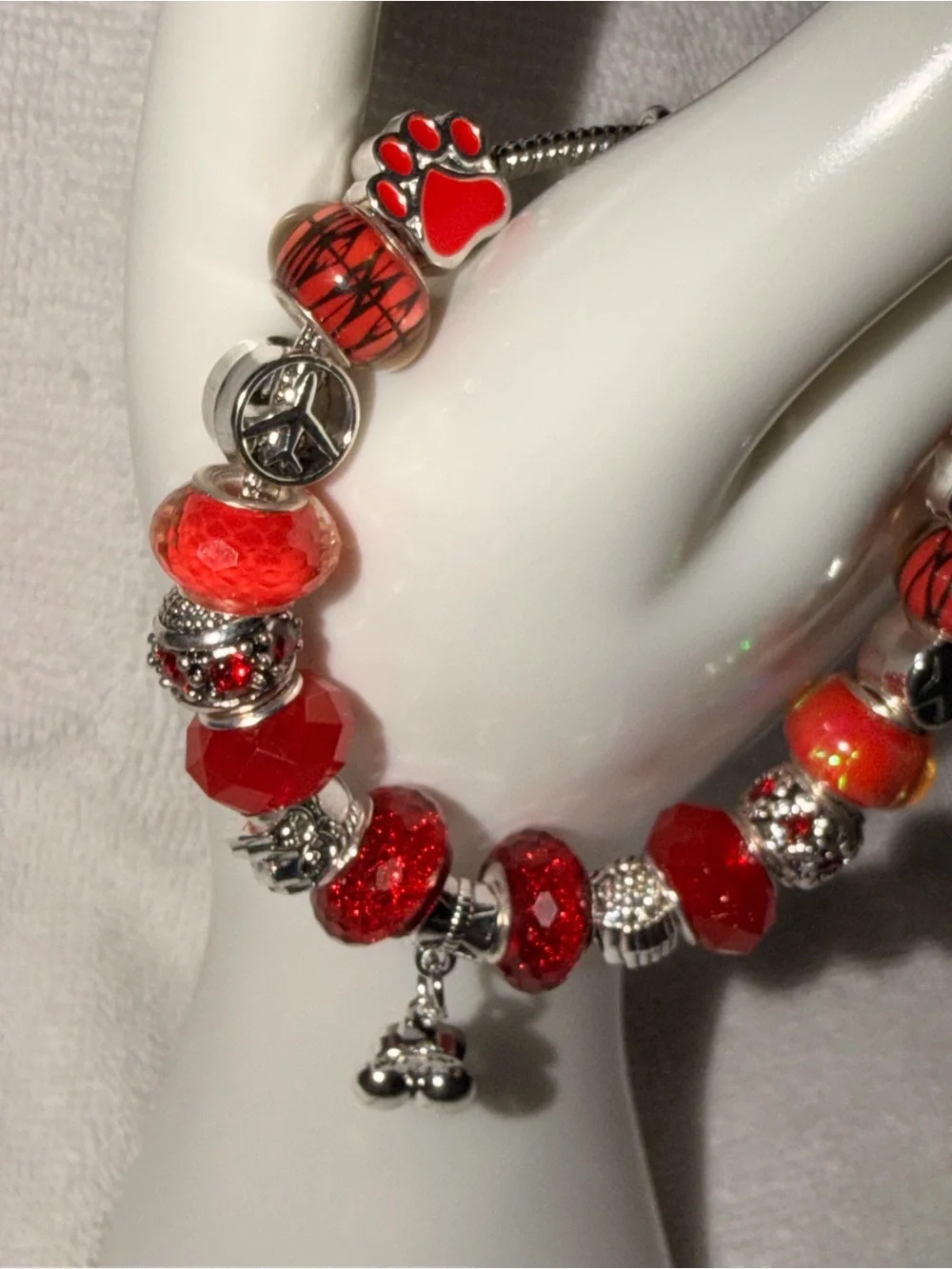 Red Bead Charm Bracelet with Paw and Bell Accents